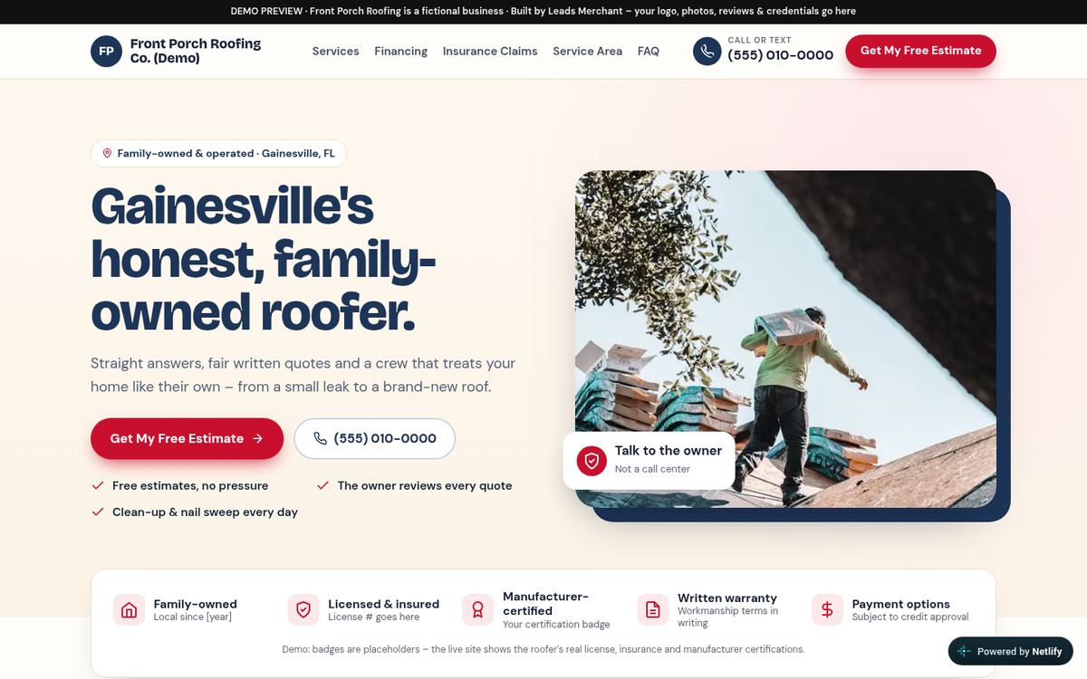 Desktop view of the Local style roofing website