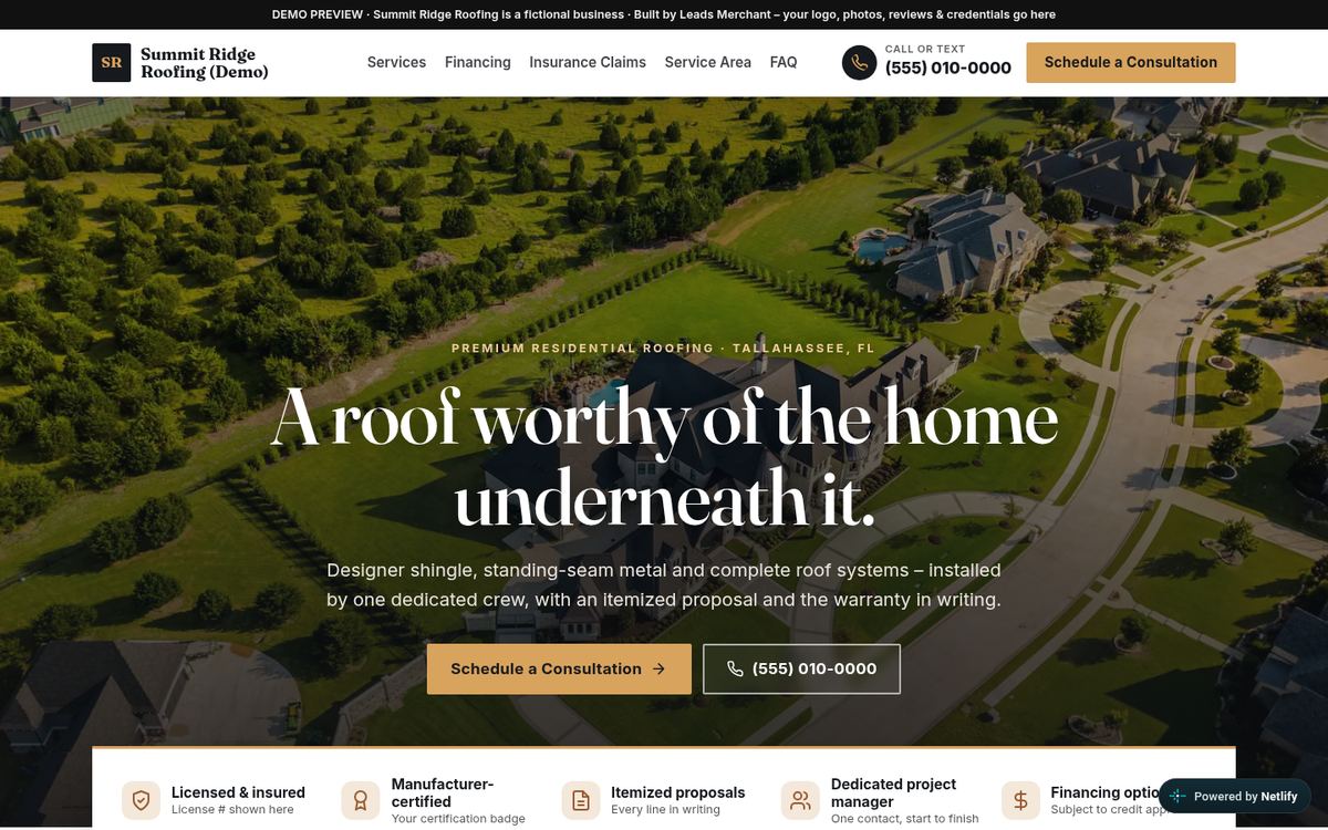 Desktop view of the Premium style roofing website