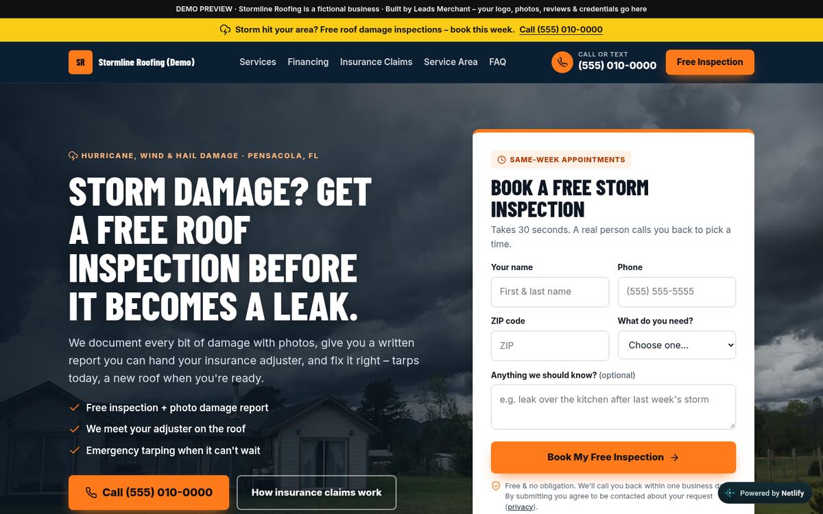 Desktop view of the Storm style roofing website